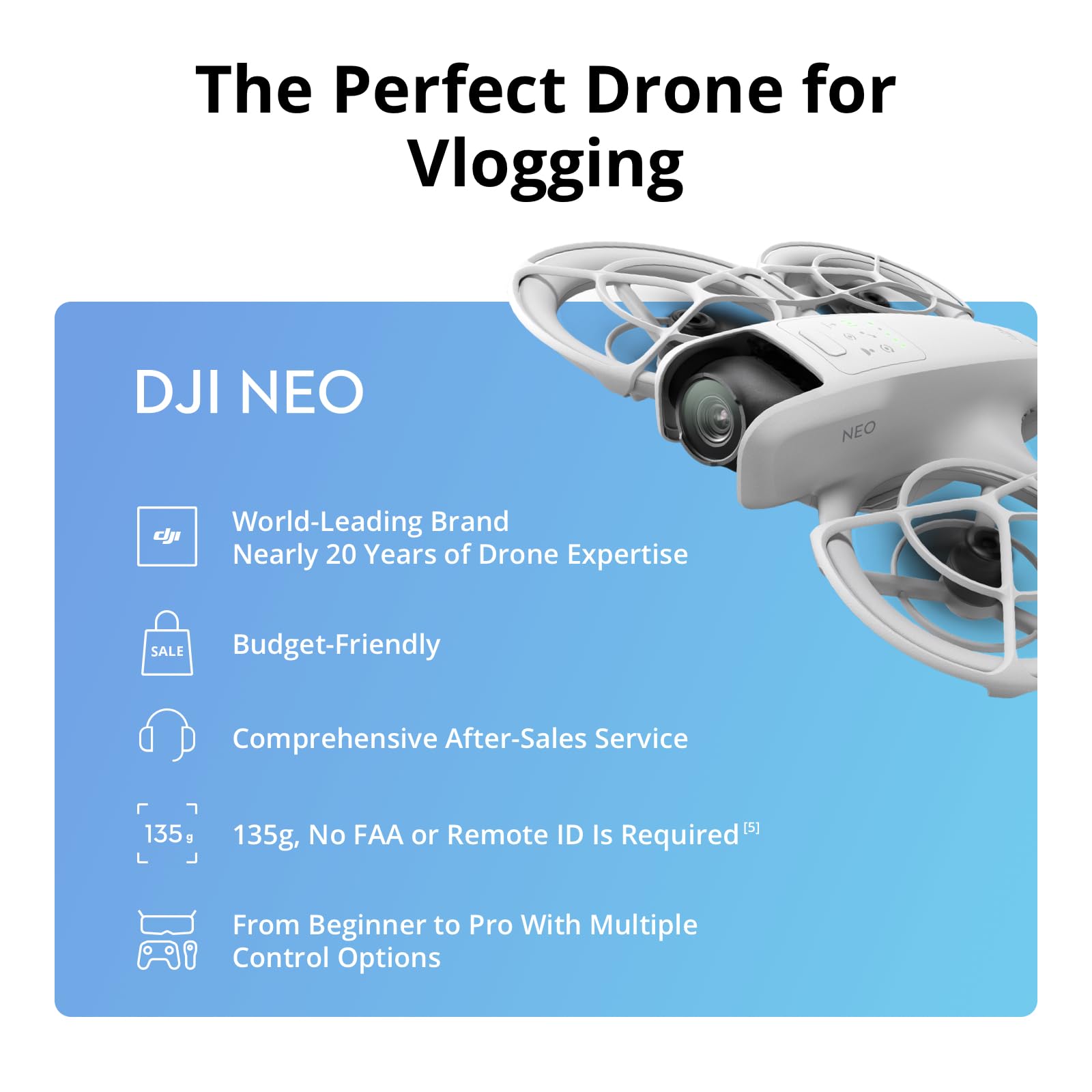 DJI Neo, Mini Drone with 4K UHD Camera for Adults, 135g Self Flying Drone that Follows You, Palm Takeoff, Subject Tracking, QuickShots, Stabilized Video, Built-In Propeller Guard (Controller-Free)