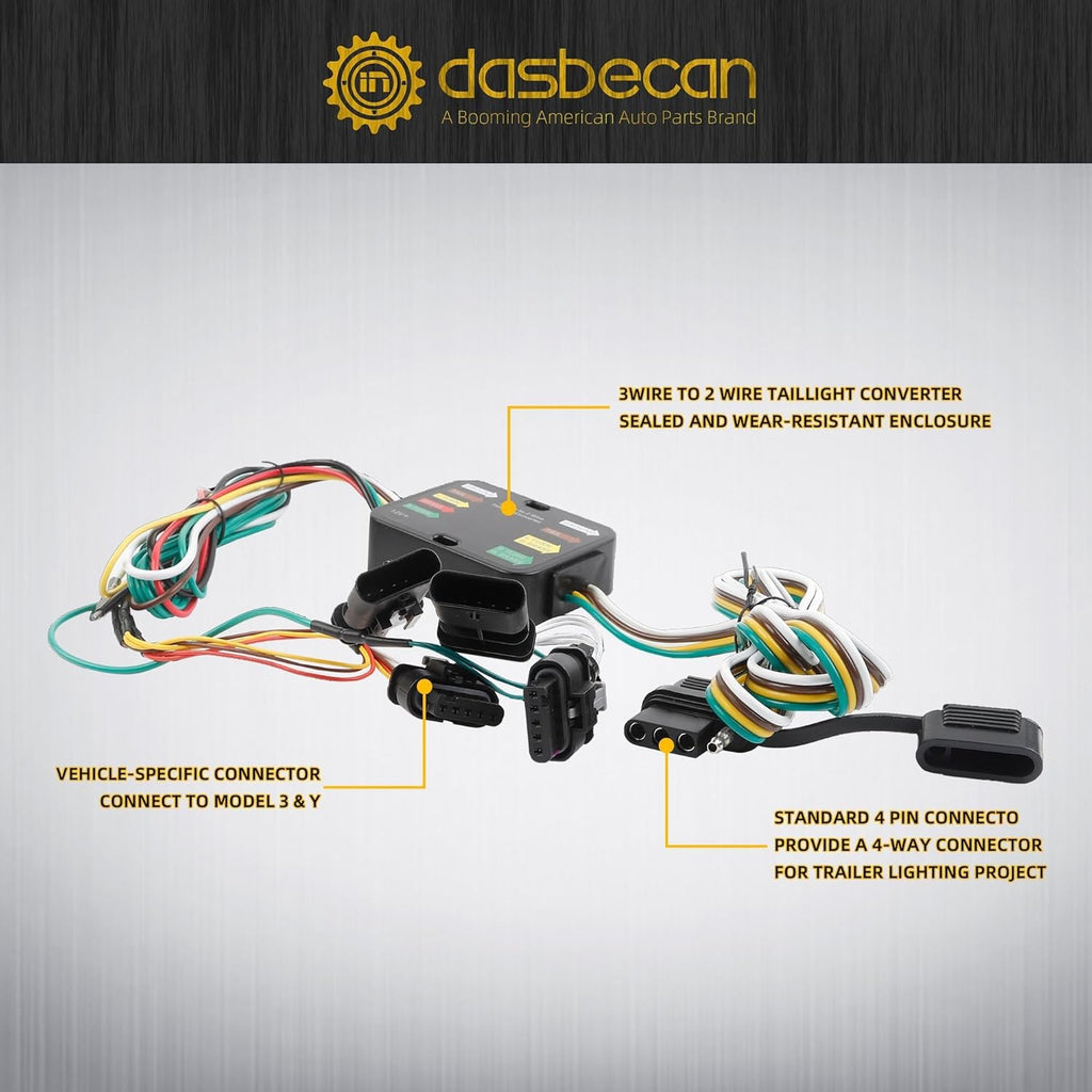 Dasbecan 4-Pin Trailer Wiring Harness Kit 118869 Compatible with 2017-2023 Tesla Model 3 2020-2023 Tesla Model Y Flat Trailer Connect Towing Hitch Wiring