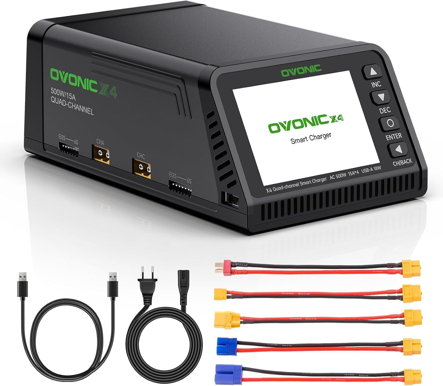OVONIC X4 LiPo Balance Charger AC 500W 4-Channel Auto Power Allocation, 15A per Channel, LiPo/Li-Ion/LiHV/Life 1-6S, NiMH 3-18S, Safety Protections