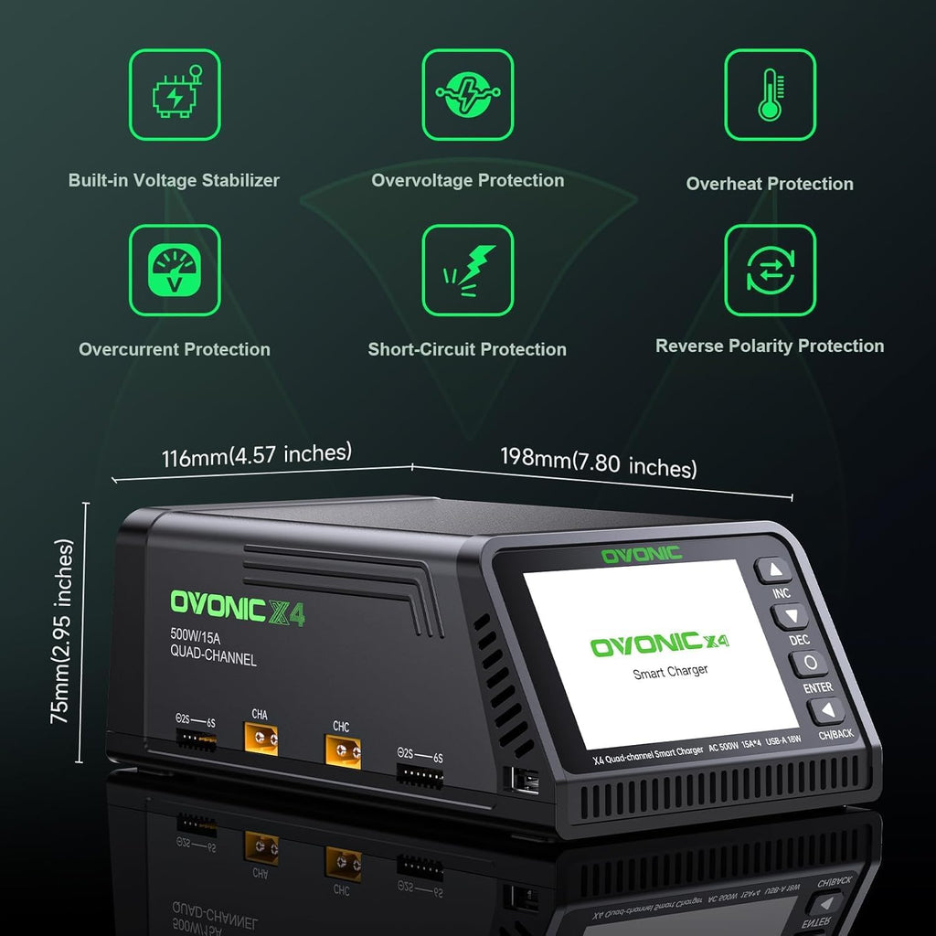 OVONIC X4 LiPo Balance Charger AC 500W 4-Channel Auto Power Allocation, 15A per Channel, LiPo/Li-Ion/LiHV/Life 1-6S, NiMH 3-18S, Safety Protections