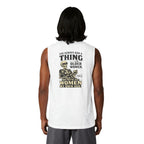 Funny Skeletal Design Muscle Tank — "I've Always Had a Thing for Older Women" Back Print