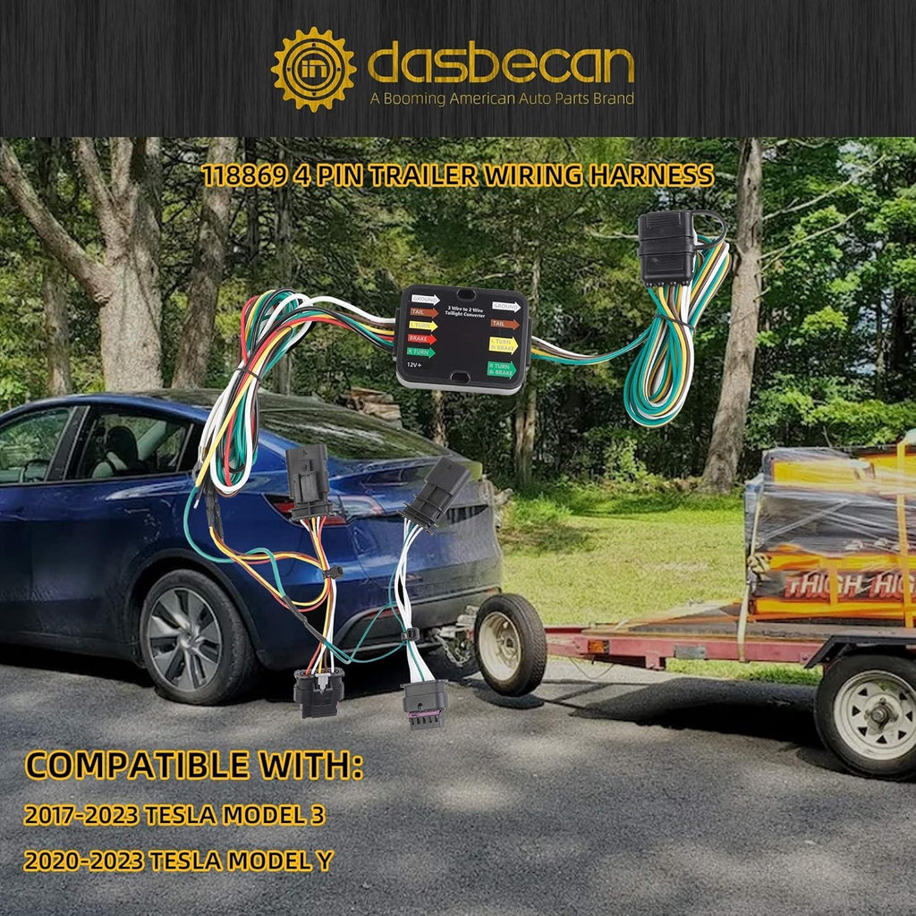 Dasbecan 4-Pin Trailer Wiring Harness Kit 118869 Compatible with 2017-2023 Tesla Model 3 2020-2023 Tesla Model Y Flat Trailer Connect Towing Hitch Wiring